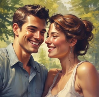  A vibrant painting depicting a couple in love, smiling warmly at each other, showcasing their deep affection.
