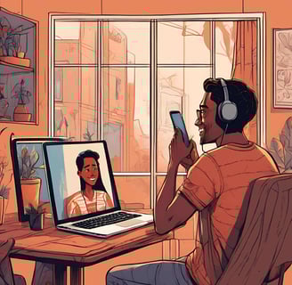 A man wearing headphones sits at a desk with a laptop, engaged in a virtual dating conversation with a woman.