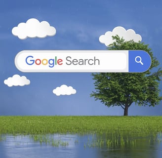 Google Search logo in a search box floating in sky. Article about using AI to write Alt Image Text.