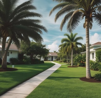 A well-maintained grassy lawn with a few young trees casting long shadows. In the background, there is a black iron fence separating the lawn from a paved sidewalk and street. There are parked cars and more trees beyond the fence.