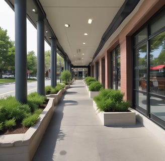 Two workers are engaged in landscaping activities in front of a modern building. The scene is sunny and features several palm trees and well-maintained greenery. A pile of soil is present, and a white van is parked nearby.