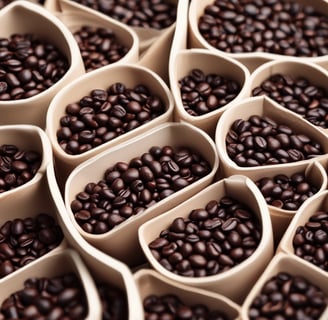 A close-up view of roasted coffee beans in a metal container. The beans are a mix of various shades of brown, indicating different roasting levels. The container has a scratched and worn appearance, with a gradient in color intensity from center to edge. There is a slight amount of smoke or steam visible, suggesting that the beans are freshly roasted.