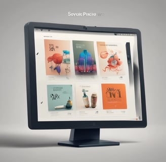 A laptop displays a web browser on the eBay homepage, showing a prominent green advertisement offering up to 70% off on Apple tech with a two-year warranty. The ad features images of a smartwatch and a smartphone. The surrounding environment includes a wooden table and blurred indoor plants in the background.