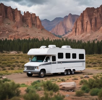 A white RV camper with the brand name 'Windsor' is parked by the side of a road. The scene is surrounded by large, leafless trees that suggest a late autumn or early winter atmosphere. The lighting appears to be low, possibly during twilight, casting deep shadows across the scene. Other vehicles can be faintly seen in the background among the trees.