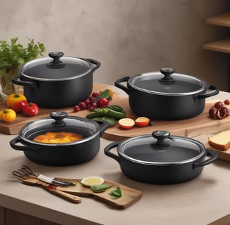 cuisine batterie de marmites faitouts sur une table
