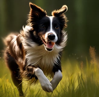 Yeşil çimde neşeyle koşan sağlıklı ve enerjik bir köpek, aktif bir yaşamın tadını çıkarıyor.