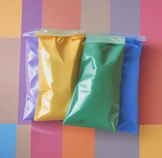 Plastic bags filled with various dry goods hang from hooks in an indoor market setting. The background is slightly blurred, showing other market stalls under a roof with lighting.