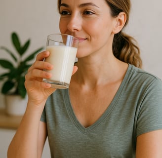woman in her 30s drinking a healthy smoothie in natural light to support energy and wellness