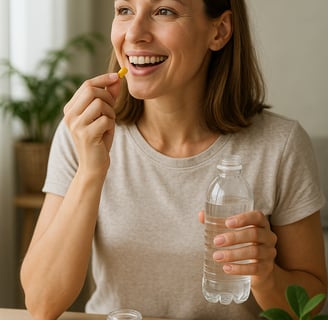 woman smiling while holding a supplement and water, representing natural wellness and vitality