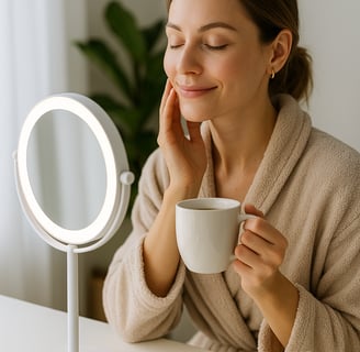 woman enjoying morning wellness routine with tea and skincare
