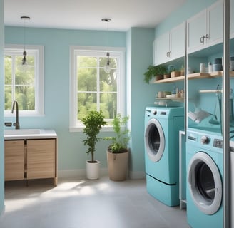A laundromat interior featuring a row of industrial washing machines on the right side and several laundry carts lined up on the left. The ceiling is adorned with white panels and fluorescent lights. Tables for folding laundry are positioned between the carts. The floor has a speckled pattern, and the overall atmosphere is clean and orderly.