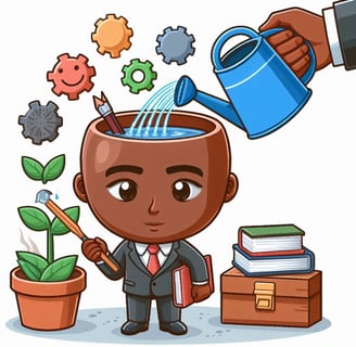 a brown skinned cartoon head with professional development objects being watered with a water can