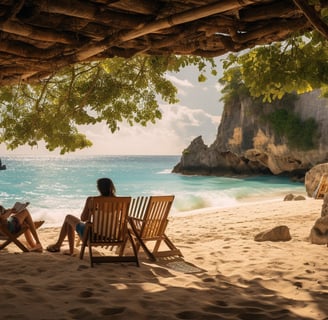 two people sitting in chairs on a beach