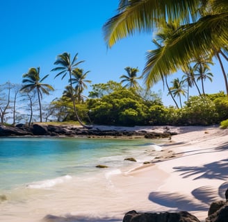 a beach with palm trees and a clear blue sky