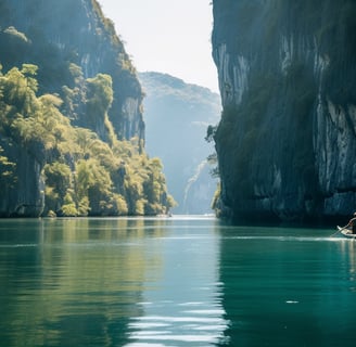 a man in a canoe in the middle of a river