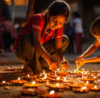 indian kids lighting oil lamps on the street ground