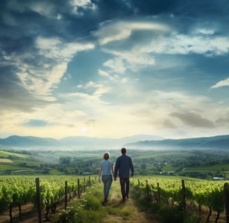 a couple holding hands in the middle of a rolling vineyard