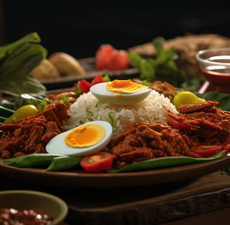 a plate with rice, sliced boiled eggs, fried anchovies, sambal