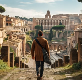 a man walking in the middle of an ancient street in Rome