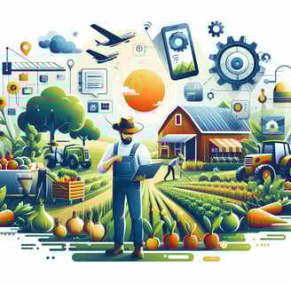 a farmer with laptop standing in front of a farm