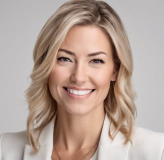 Business headshot of woman in white suit white backdround