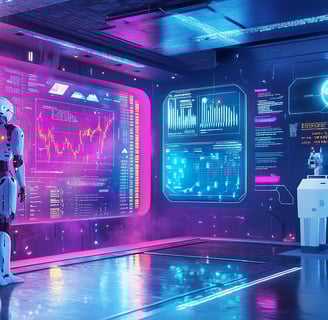 a robot suit is standing in front of a futuristic computer screen