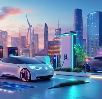 a futuristic electric car charging station with a city skyline in the background