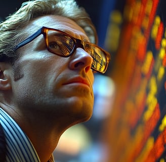 a man in a suit and glasses looking at a display of stock market items