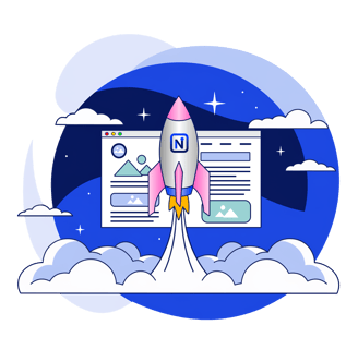 Illustration fusée avec logo NetVantage et modèle de page web