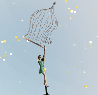 A woman climbing down a rope to escape a bird cage