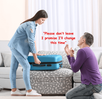 Woman closing a suitcase and a man on his knees pleading