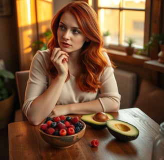 Lady deciding between avocado and berries