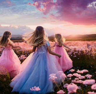 three young girls dressed in beautiful party dresses running in a field of flowers at sunset
