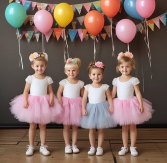 four little girls dressed in tutus with flower headbands at a party with balloons and bunting