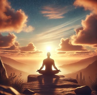 A person meditating in nature during sunrise, surrounded by a peaceful and serene environment.