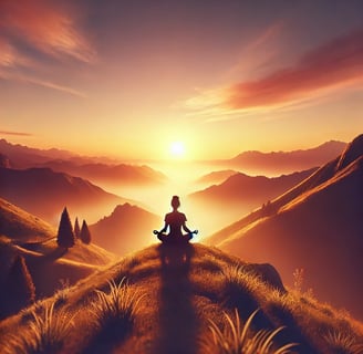 A serene scene of a person meditating on a hilltop during sunrise, surrounded by warm golden light