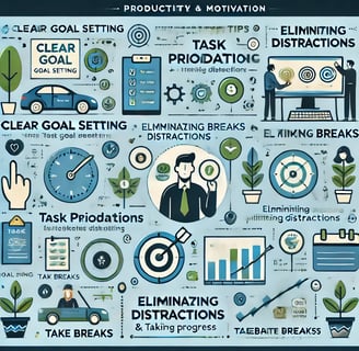 An informative infographic showcasing productivity tips and motivation strategies, including clear