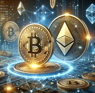 A high-quality digital illustration of Bitcoin and Ethereum coins floating over a futuristic blockch