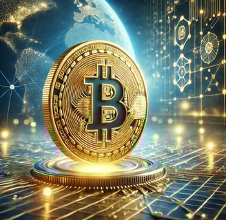 A high-quality digital illustration of a golden Bitcoin coin floating above a futuristic blockchain 