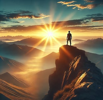 A determined individual standing on the edge of a mountain cliff at sunrise, symbolizing limitless