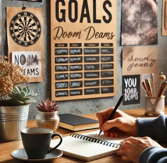 A person writing goals in a notebook at a cozy desk with a vision board in the background, represent