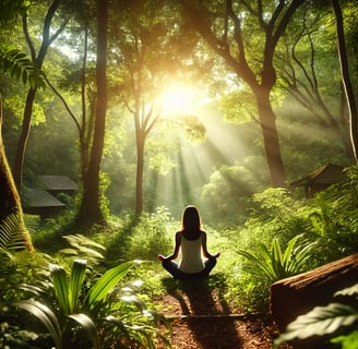 A serene scene of a person meditating in nature, surrounded by greenery and soft sunlight, symbolizi