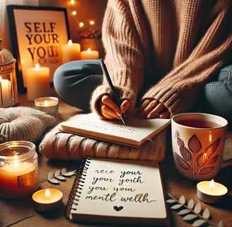 A cozy self-care setting with a person journaling beside a warm cup of tea, accompanied by candles a