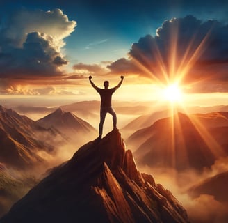 A strong and confident individual standing atop a mountain at sunrise, arms raised in triumph, symbo