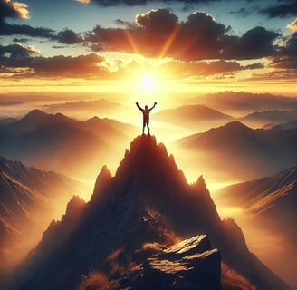 A powerful and inspiring scene of a person standing on a mountain peak at sunrise, arms raised in tr