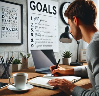 A determined person writing goals in a notebook at a clean and focused workspace with a motivational