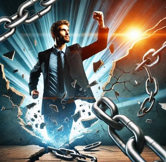 A confident and successful individual breaking through a symbolic barrier, representing overcoming o