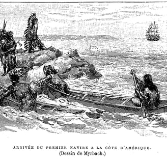 arrivée des premiers blancs en Amérique, gravure de Myrbach
