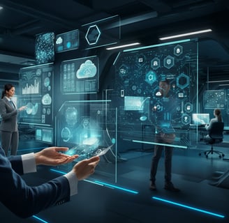 Futuristic IT managed services in 2025 with holographic tech and Verve Phoenix branding in navy blue, gold, and black.