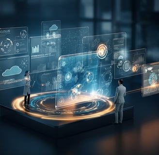 Team of professionals collaborating with digital displays showcasing IT consulting, cloud migration, cybersecurity